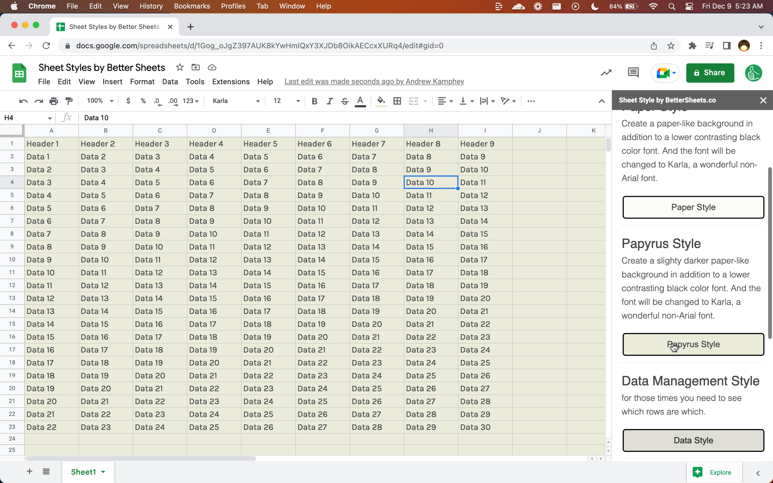 Sheet Styles in Action in a spreadsheet